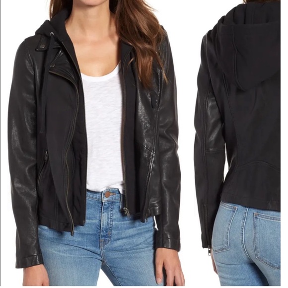 Caslon Black Leather Moto Jacket Women Large Removable Hood - Picture 1 of 16